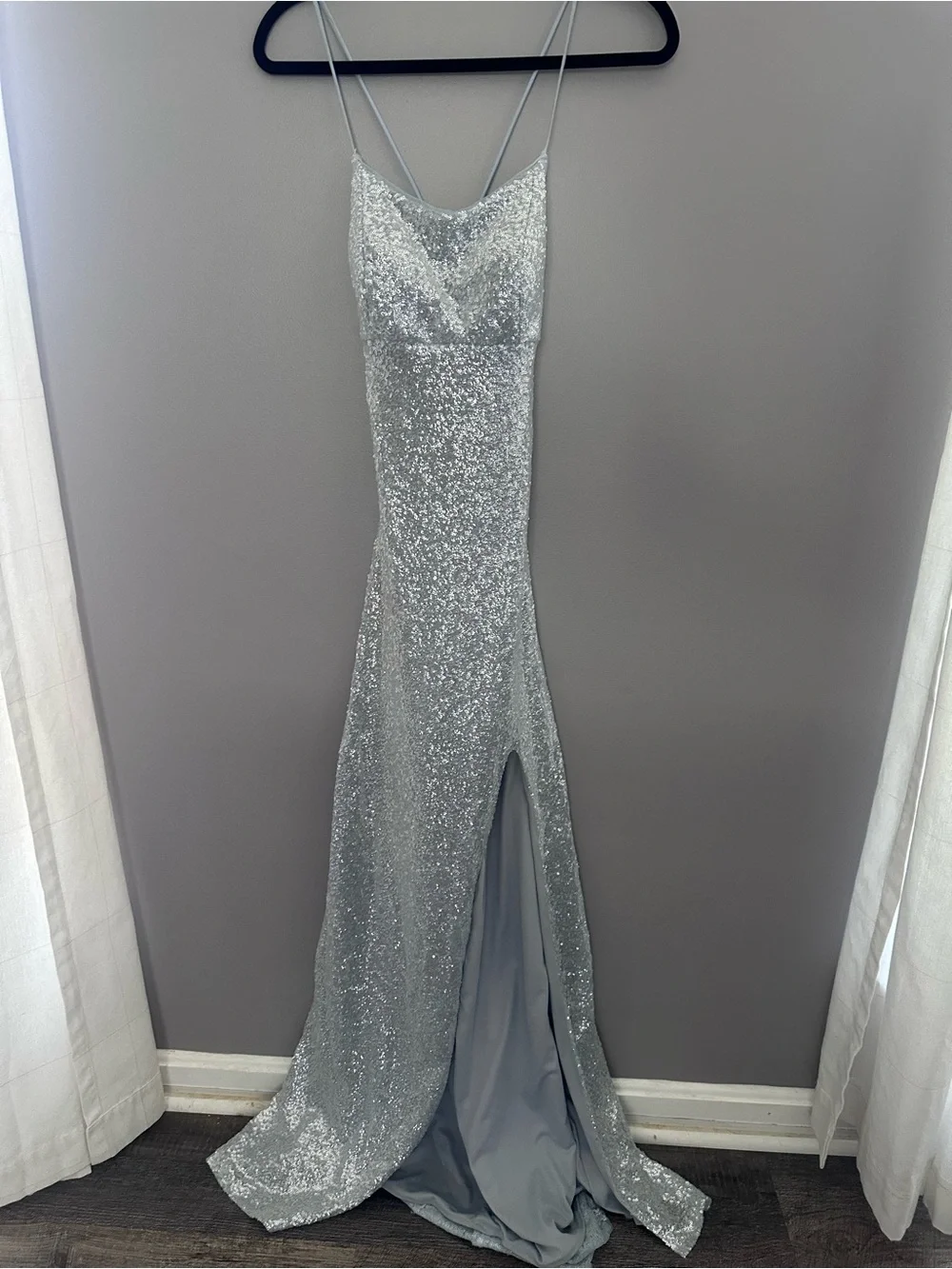 Betsy & Adam Silver Sequin Spaghetti Strap Prom Gown